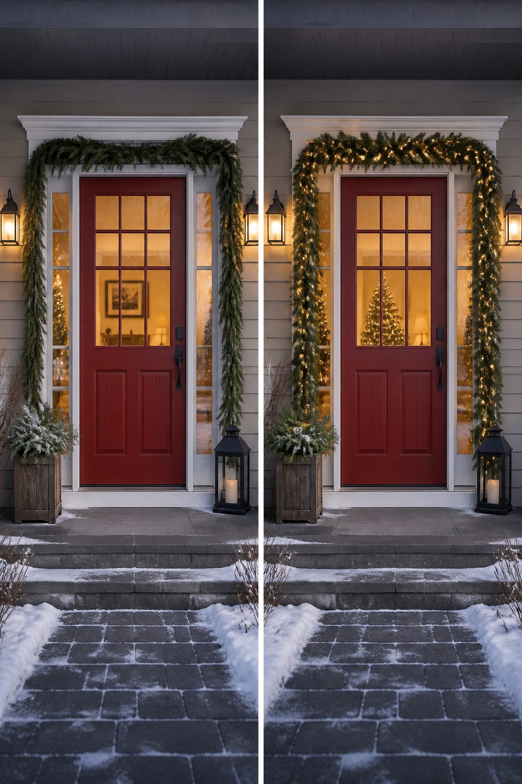 Front Door Christmas Garland Ideas for 2026 5 Pre-lit faux garland displayed on a door.