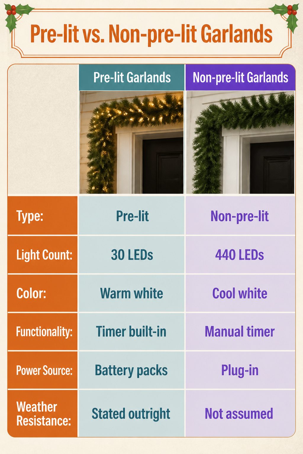 Front Door Christmas Garland Ideas for 2026 15 Comparison of pre-lit and non-pre-lit garlands.