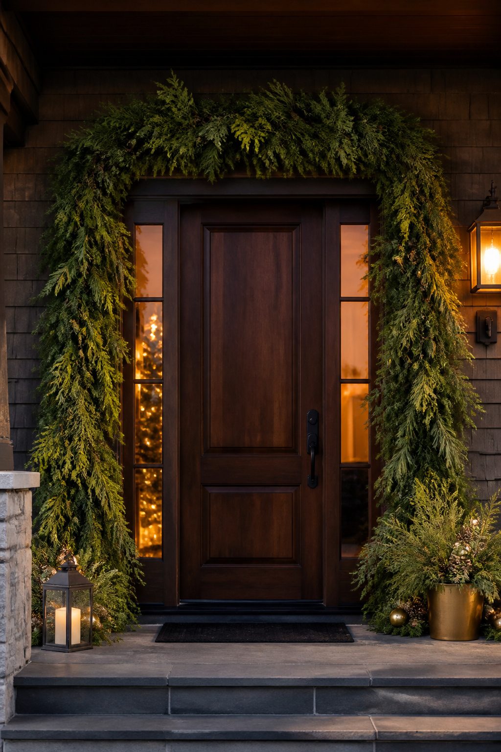 Front Door Christmas Garland Ideas for 2026 6 Garland made of mixed evergreen foliage around a door.