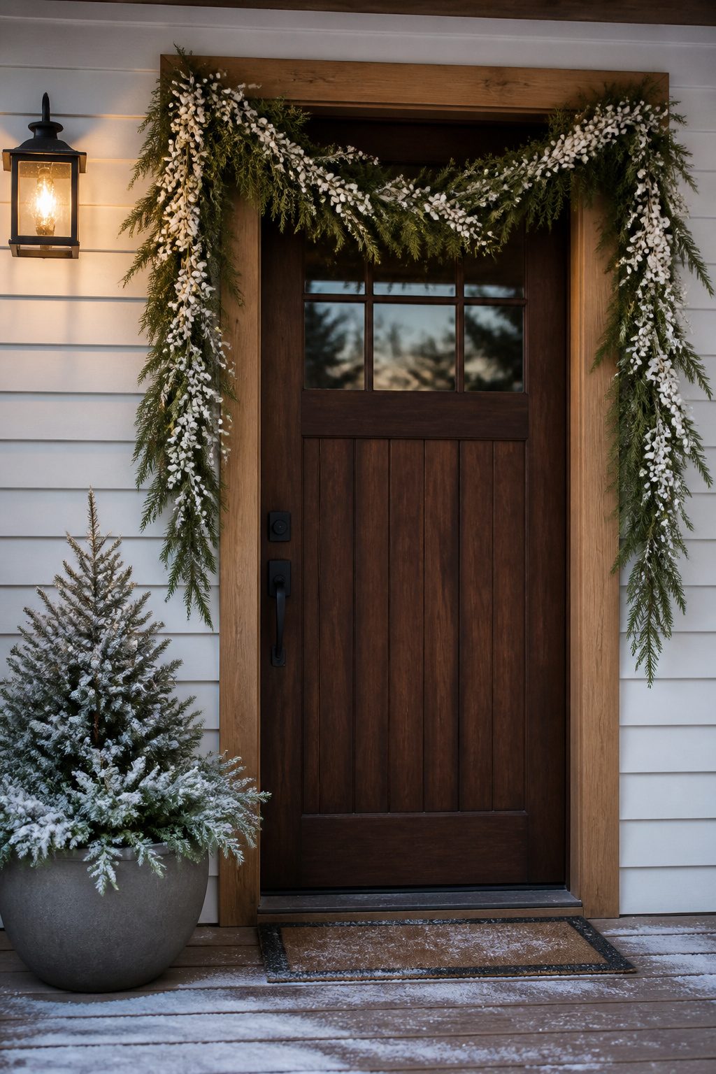 Front Door Christmas Garland Ideas for 2026 2 Cypress foliage with white berries decorating a door.