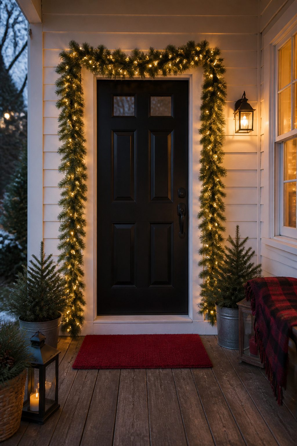 Front Door Christmas Garland Ideas for 2026 1 Pre lit LED outdoor fir garland with warm white lights.