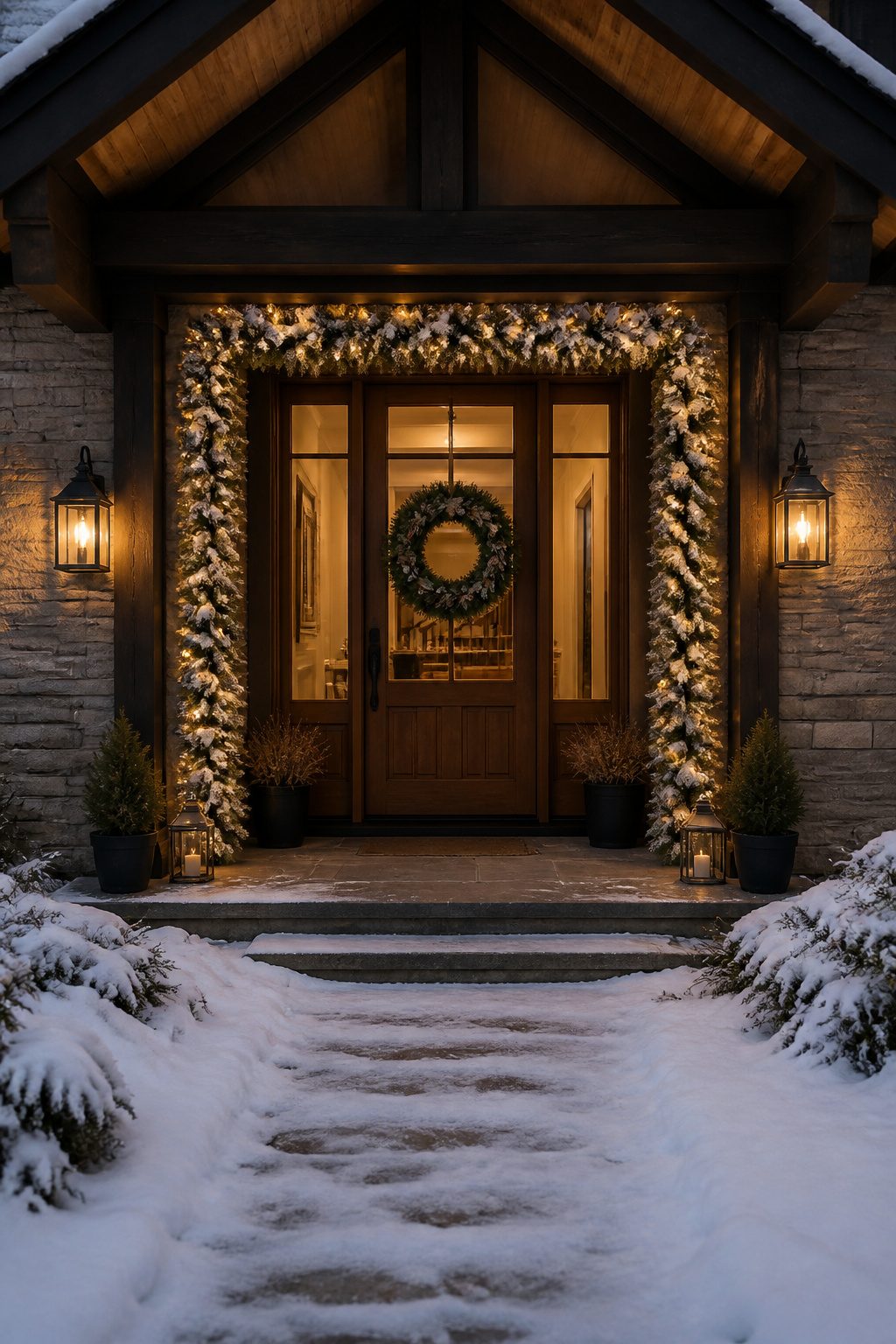 Front Door Christmas Garland Ideas for 2026 3 Snowy Christmas garland with built-in lights around a door.