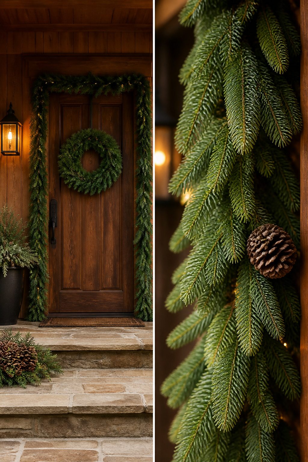Front Door Christmas Garland Ideas for 2026 4 Norfolk pine wreath hanging on a front door.