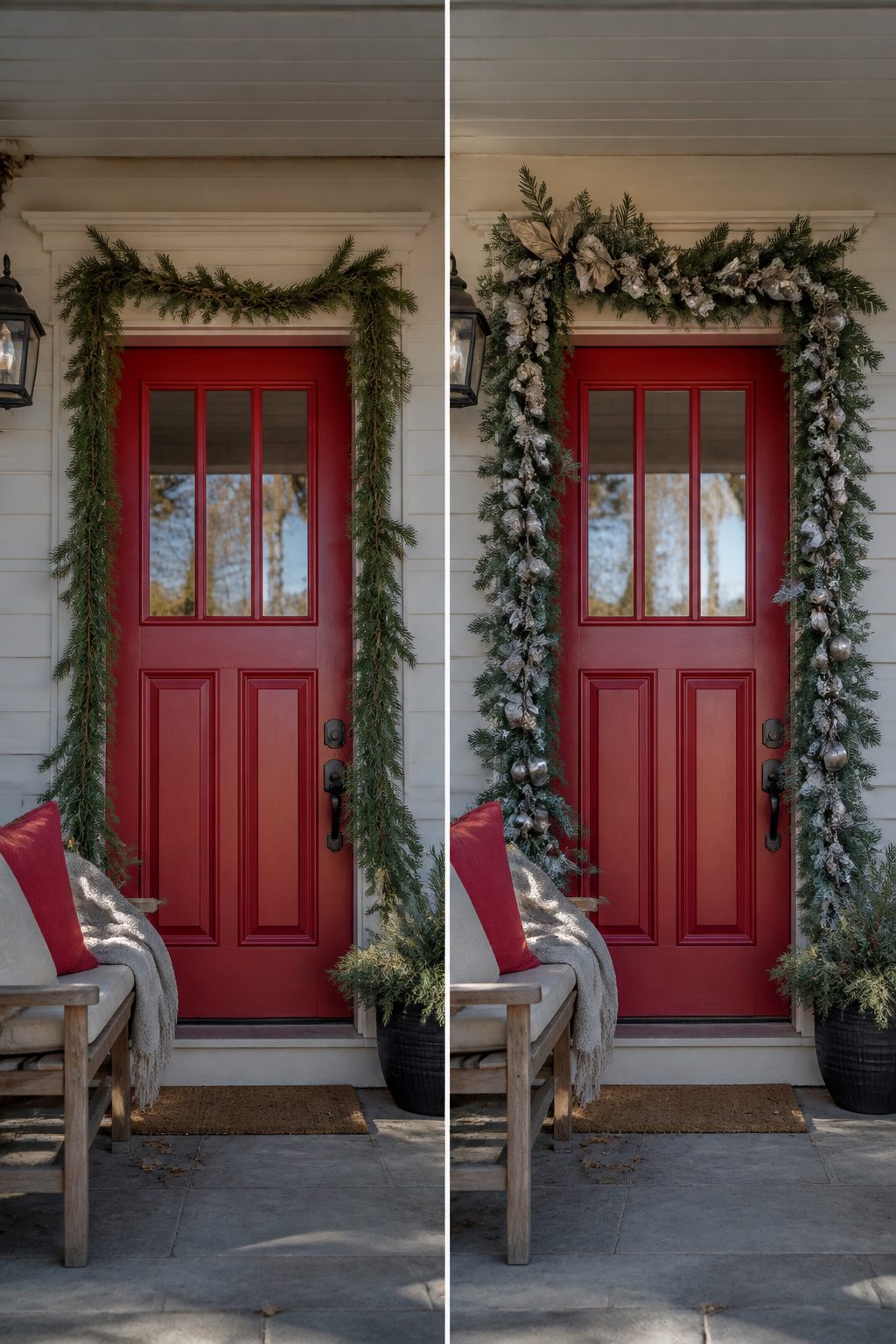 Front Door Christmas Garland Ideas for 2026 11 Red door with a carefully chosen garland.