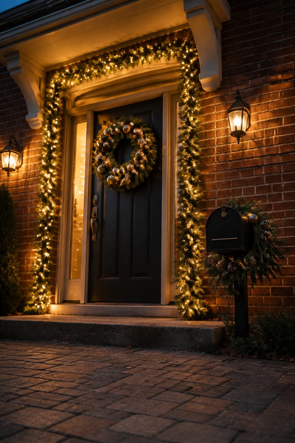 Front Door Christmas Garland Ideas for 2026 7 Supabright garland with numerous lights adorning a door.