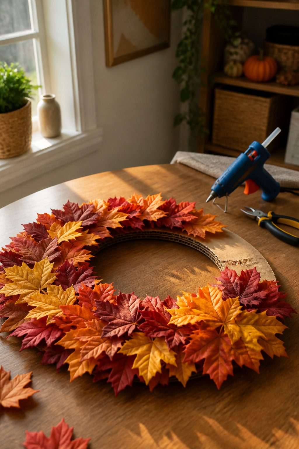 Homemade Leaf Wreath: How to Make One in 5 Steps for 2026 3 A nearly completed wreath featuring overlapping faux leaves in autumn colors.
