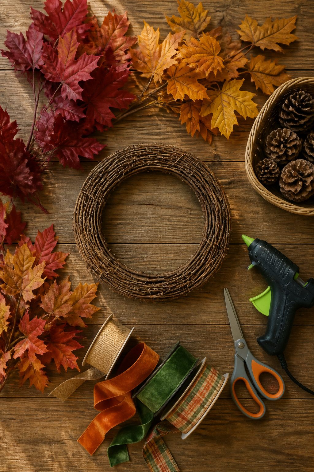 Homemade Leaf Wreath: How to Make One in 5 Steps for 2026 1 A grapevine wreath base alongside crafting materials for a leaf wreath.