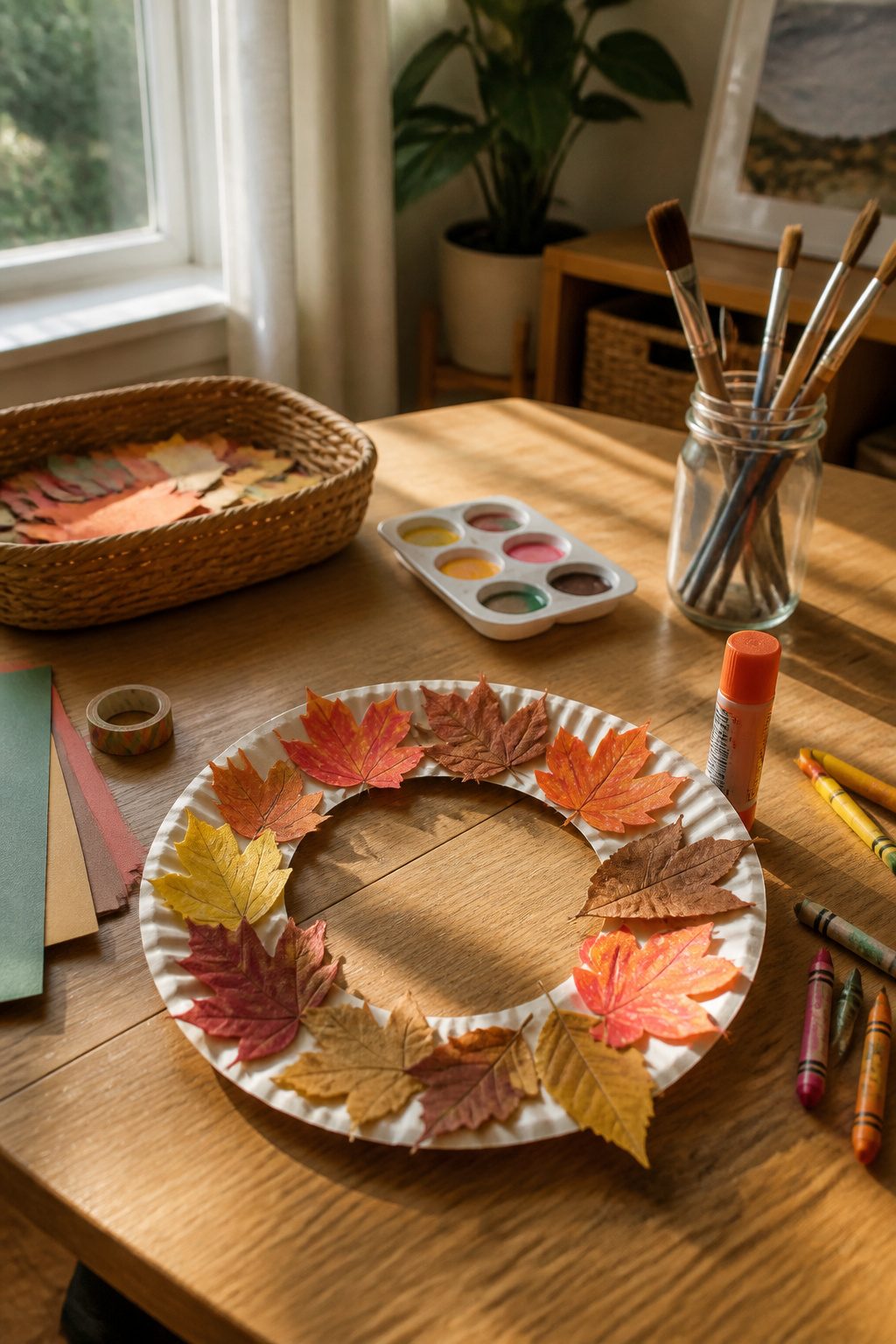 Homemade Leaf Wreath: How to Make One in 5 Steps for 2026 9 A kid-friendly wreath made from a paper plate and painted leaves.