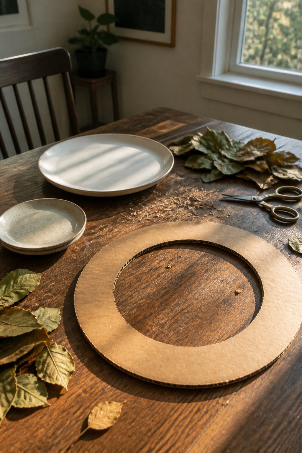 Homemade Leaf Wreath: How to Make One in 5 Steps for 2026 2 A cardboard ring with crafting materials and leaves in the background.