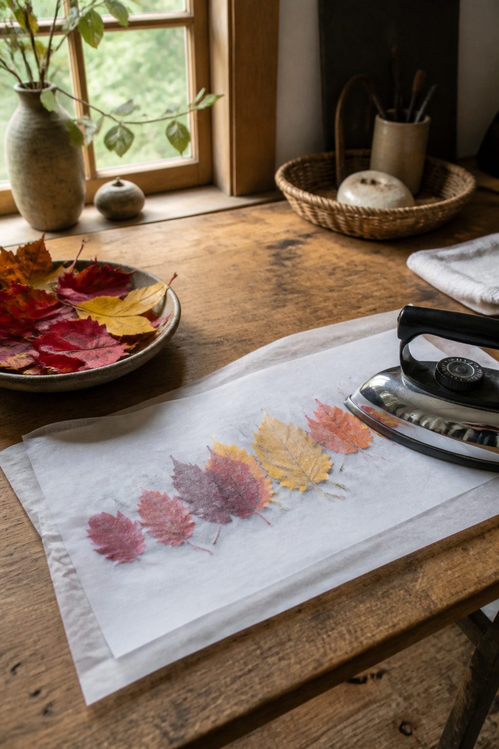 Homemade Leaf Wreath: How to Make One in 5 Steps for 2026 8 Fresh leaves arranged between parchment paper with an iron above.