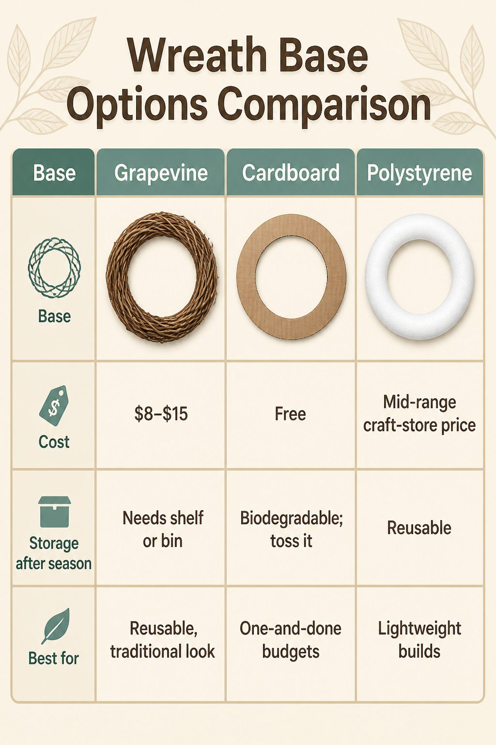 Homemade Leaf Wreath: How to Make One in 5 Steps for 2026 7 A comparison chart of wreath base options and their characteristics.