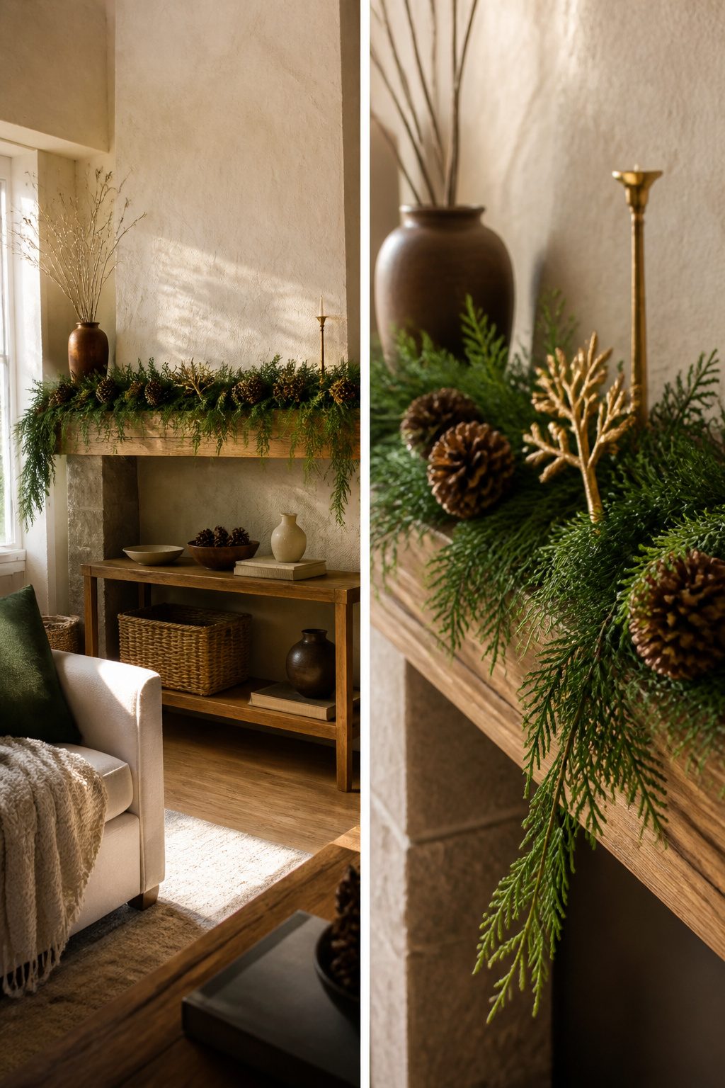 13 Ideas for How to Decorate a Small Living Room for Christmas (2026) 6 Bunch of fresh greenery displayed in different areas.