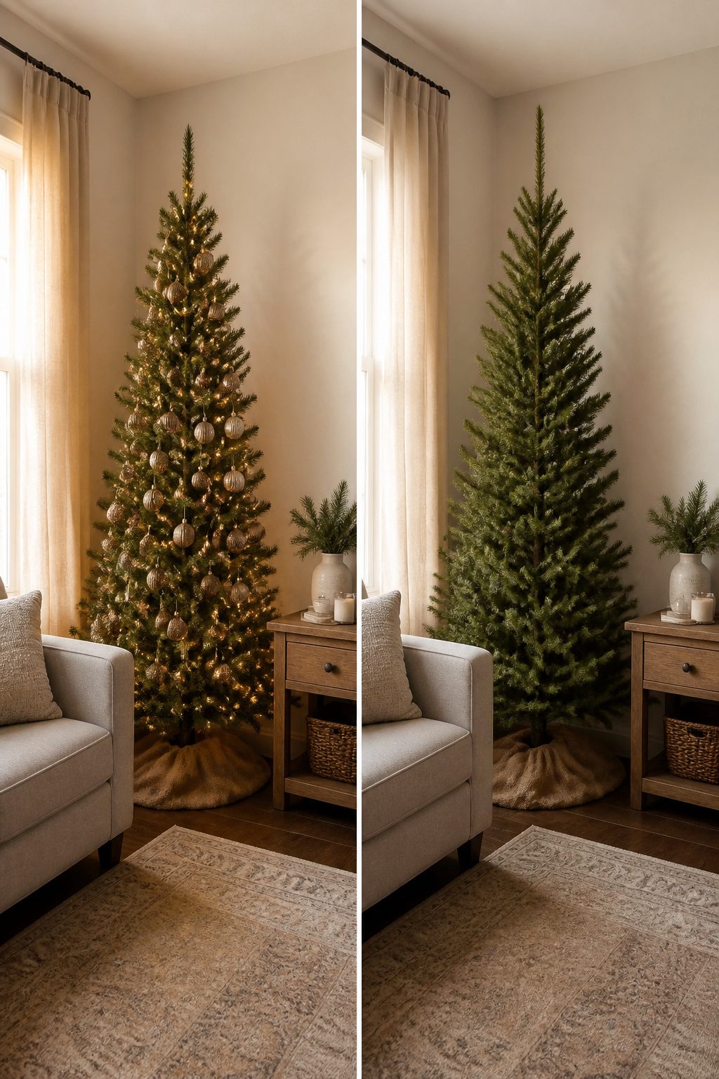 13 Ideas for How to Decorate a Small Living Room for Christmas (2026) 1 6.5-foot slim Christmas tree positioned in a corner.