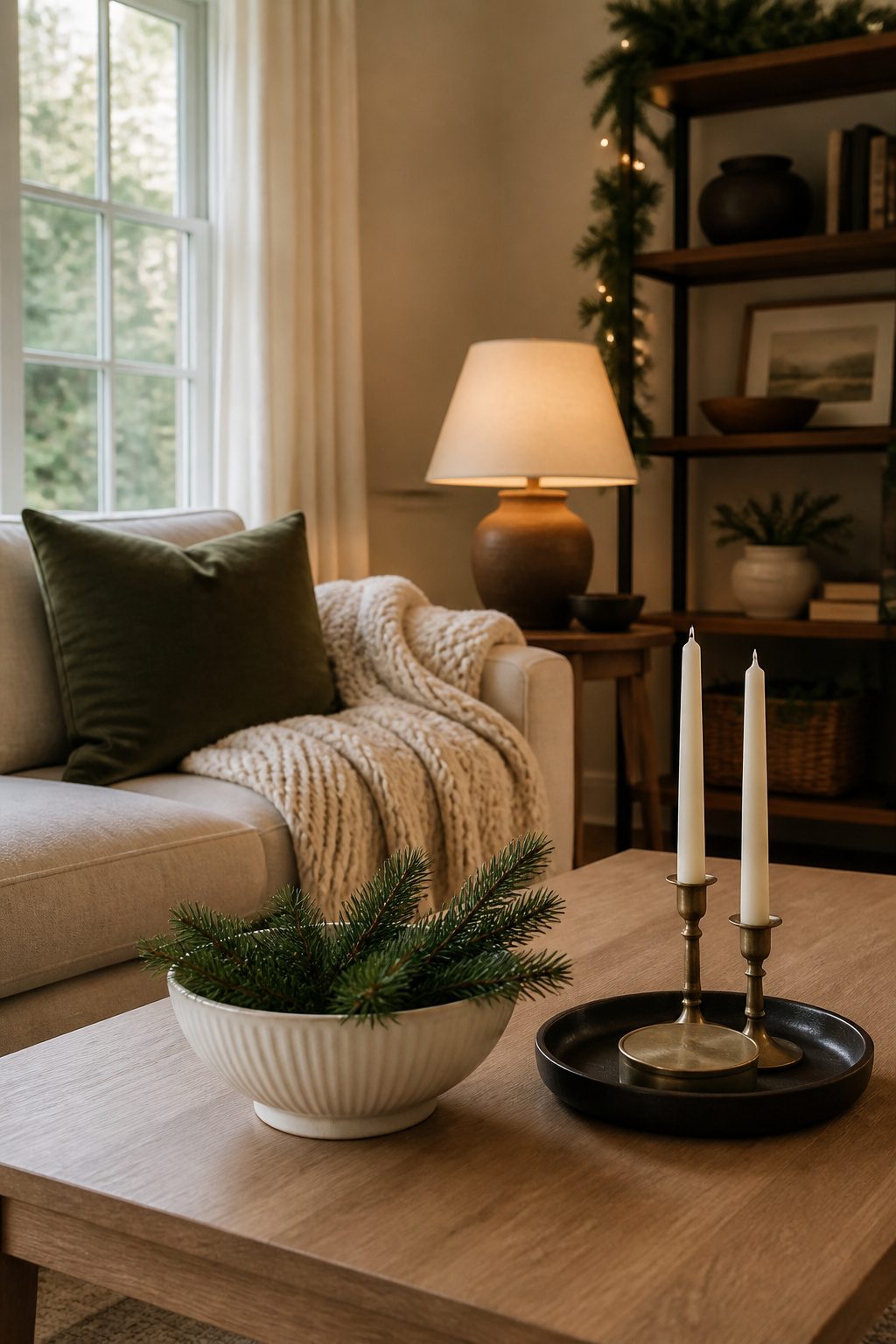13 Ideas for How to Decorate a Small Living Room for Christmas (2026) 5 Coffee table with a bowl of evergreen sprigs and taper candles.