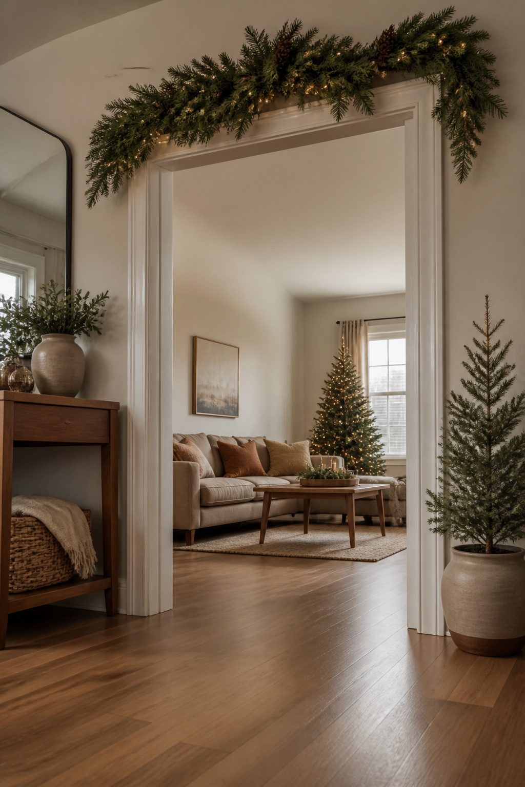 13 Ideas for How to Decorate a Small Living Room for Christmas (2026) 13 Garland draped over a doorway for holiday decor.