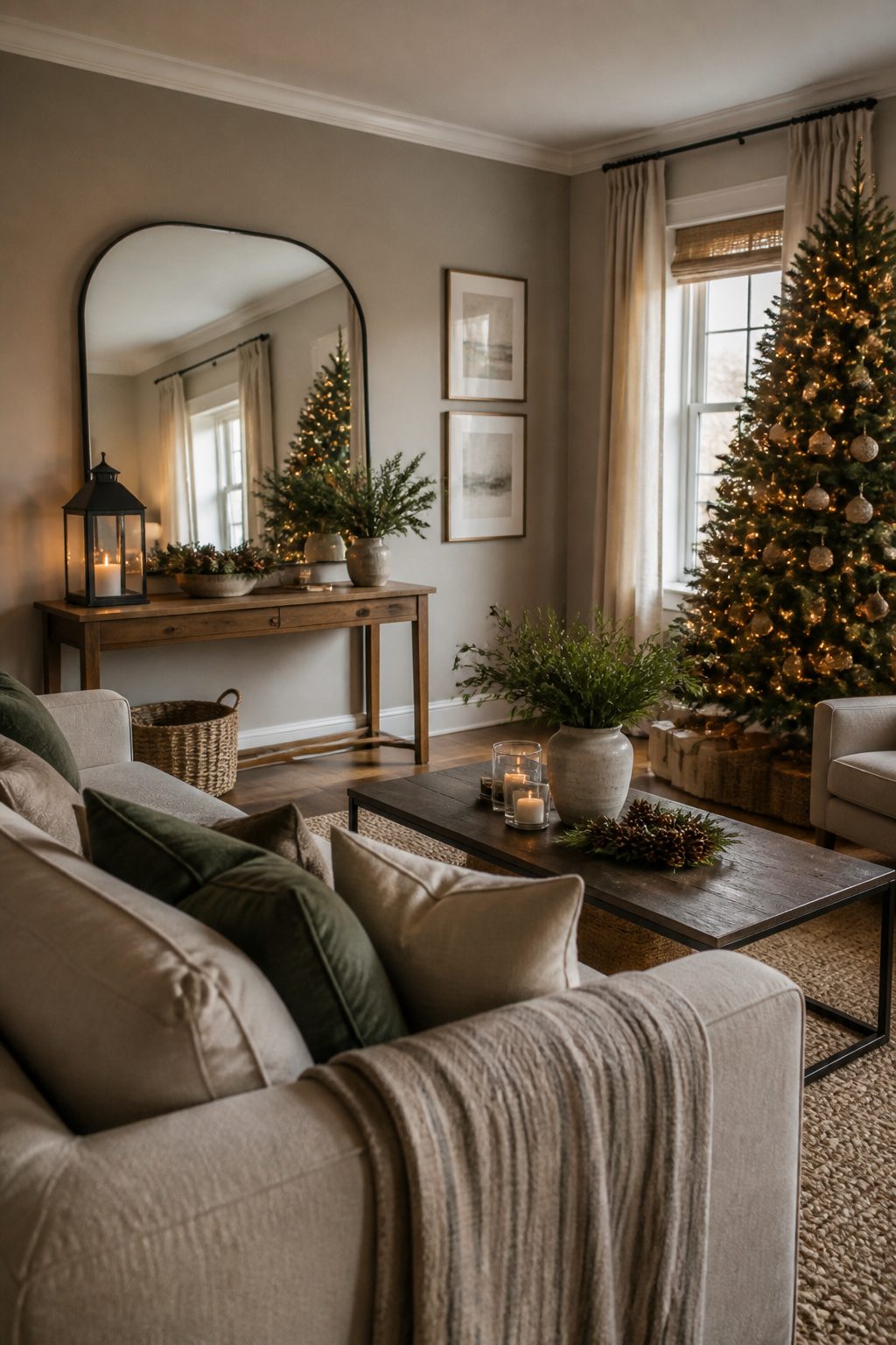13 Ideas for How to Decorate a Small Living Room for Christmas (2026) 10 Mirror hung opposite a window in a small living room.