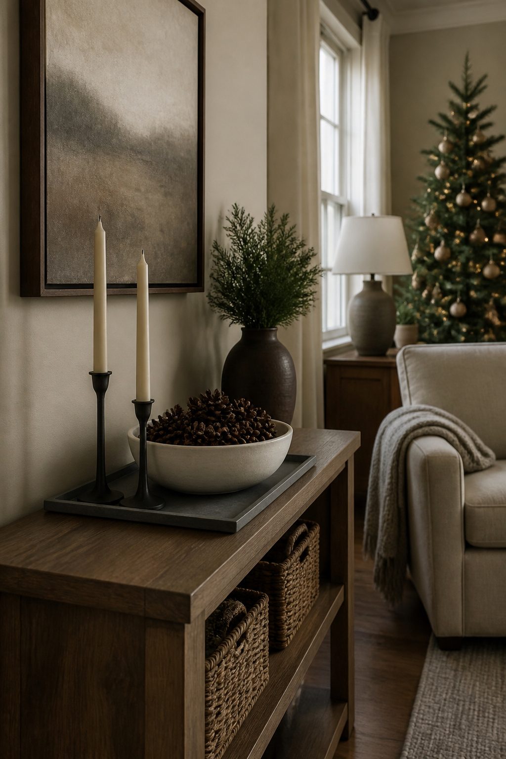13 Ideas for How to Decorate a Small Living Room for Christmas (2026) 3 Console table decorated with a bowl of pinecones and candles.