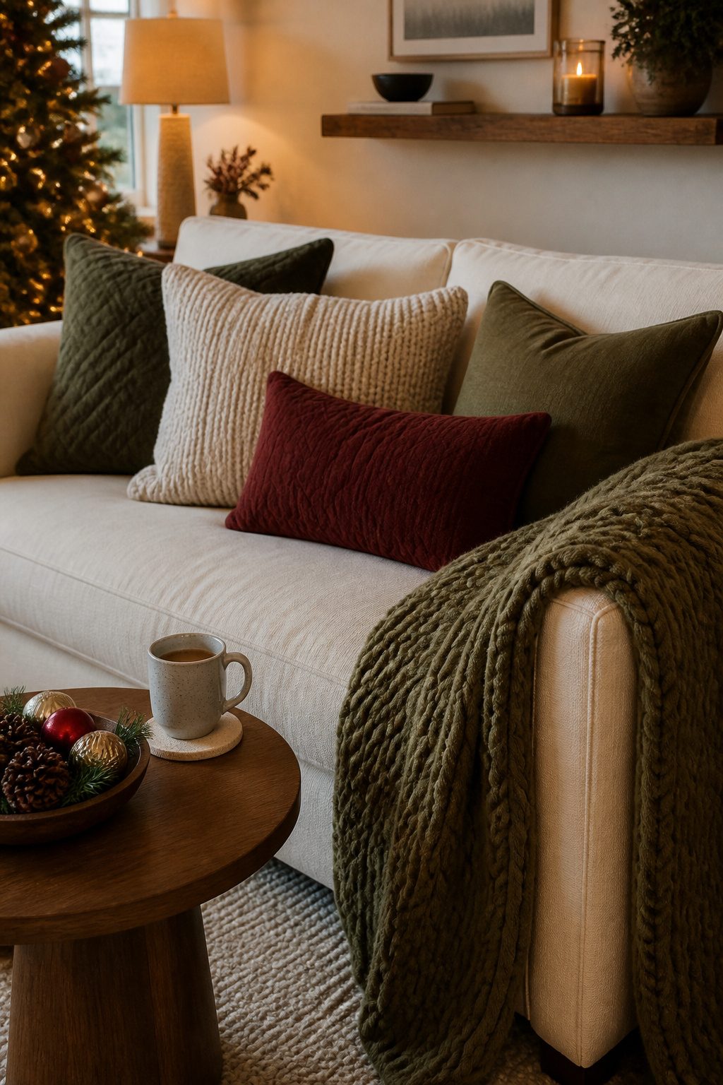 13 Ideas for How to Decorate a Small Living Room for Christmas (2026) 9 Sofa with layered pillows and a cozy throw blanket.