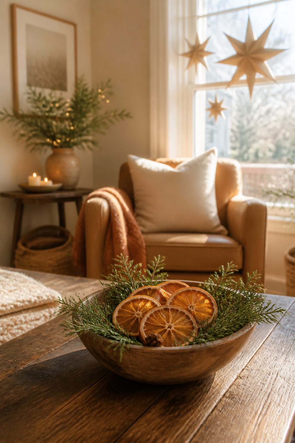 13 Ideas for How to Decorate a Small Living Room for Christmas (2026) 12 Handmade paper stars and dried orange slices as decorations.