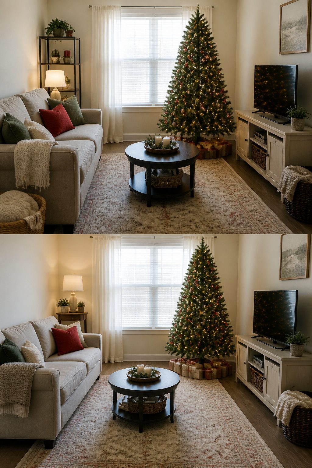 13 Ideas for How to Decorate a Small Living Room for Christmas (2026) 8 Living room furniture rearranged to make room for decorations.