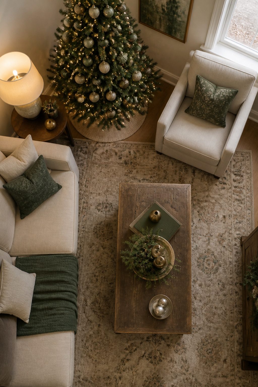 13 Ideas for How to Decorate a Small Living Room for Christmas (2026) 4 Decor in cream, forest green, and tarnished brass.