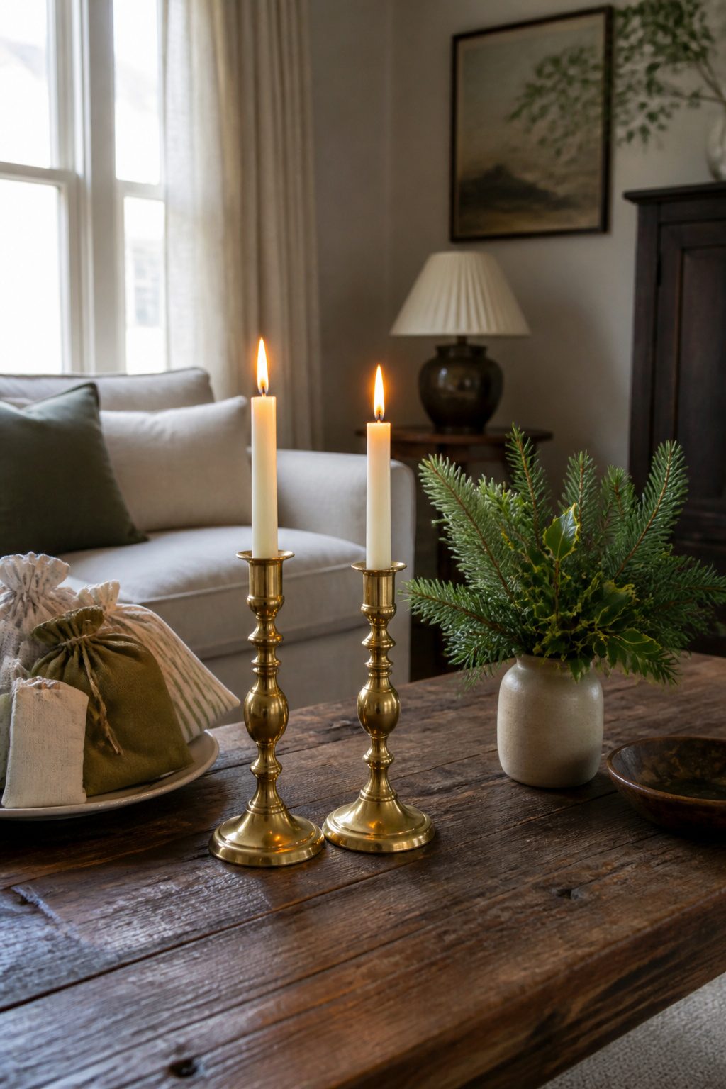 13 Ideas for How to Decorate a Small Living Room for Christmas (2026) 17 Brass candlesticks and foraged greenery on a coffee table.