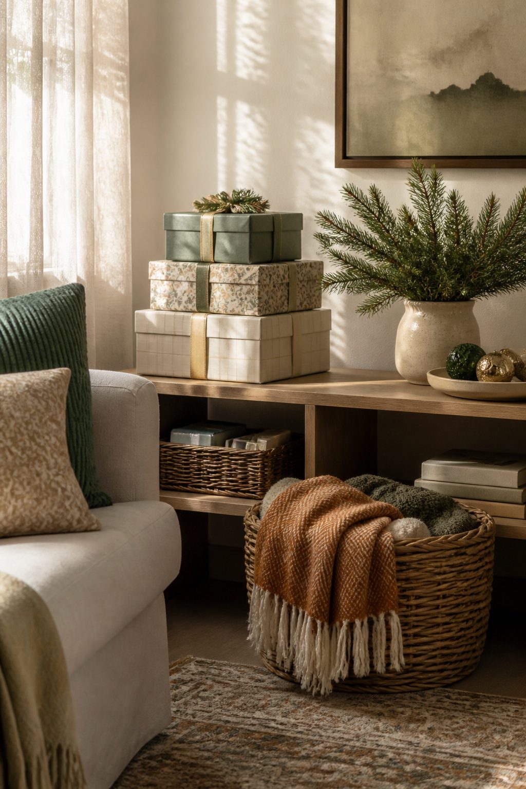 13 Ideas for How to Decorate a Small Living Room for Christmas (2026) 7 Lidded boxes stacked on a shelf resembling wrapped gifts.