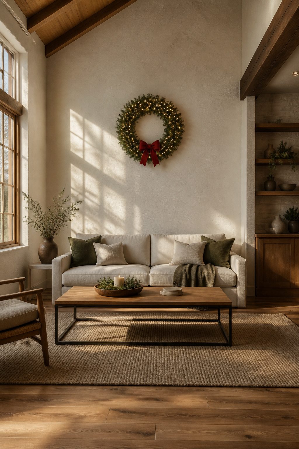 13 Ideas for How to Decorate a Small Living Room for Christmas (2026) 2 Wall-mounted wreaths hanging above a mantel.