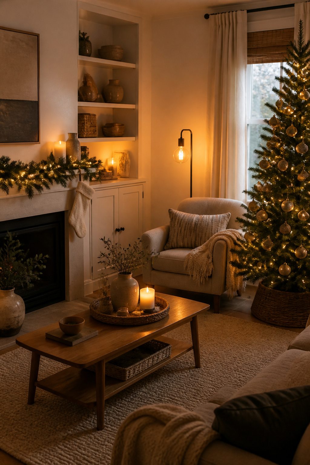 13 Ideas for How to Decorate a Small Living Room for Christmas (2026) 11 Soft lighting with string lights and candles in a living room.