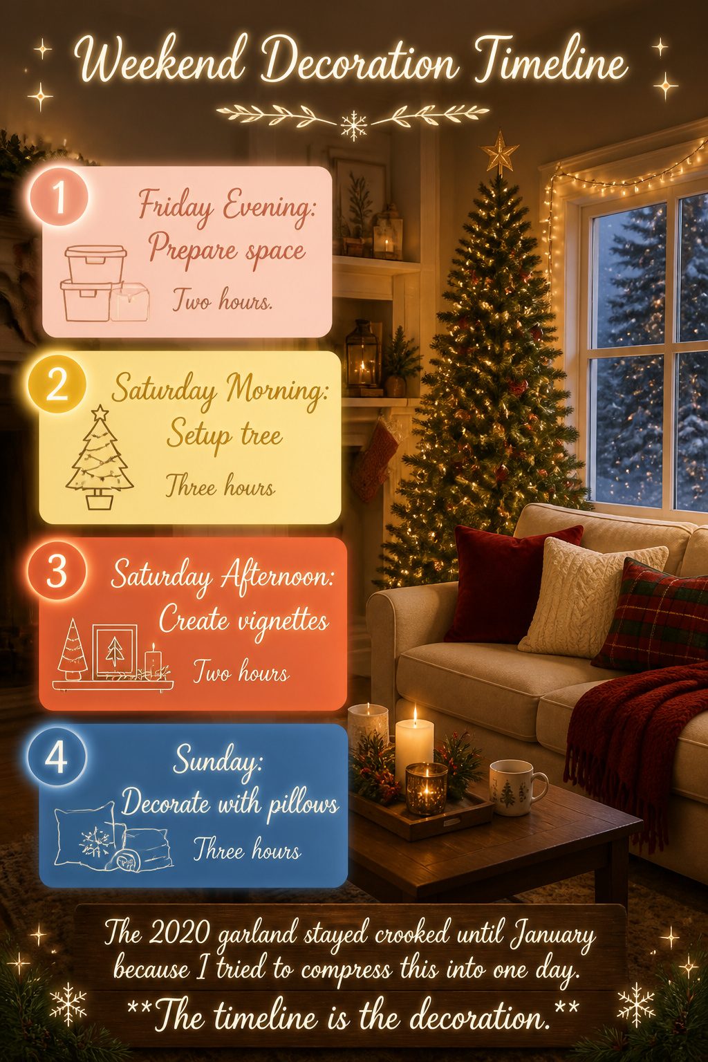 13 Ideas for How to Decorate a Small Living Room for Christmas (2026) 15 Timeline outlining steps for decorating a small living room.