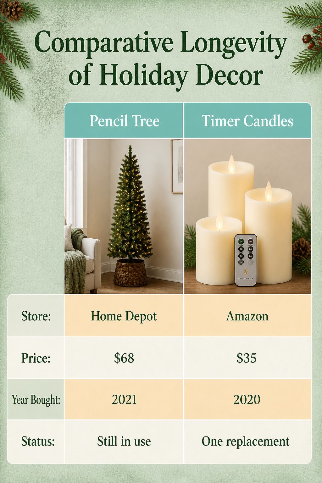 13 Ideas for How to Decorate a Small Living Room for Christmas (2026) 16 Table listing holiday decor items with their details.