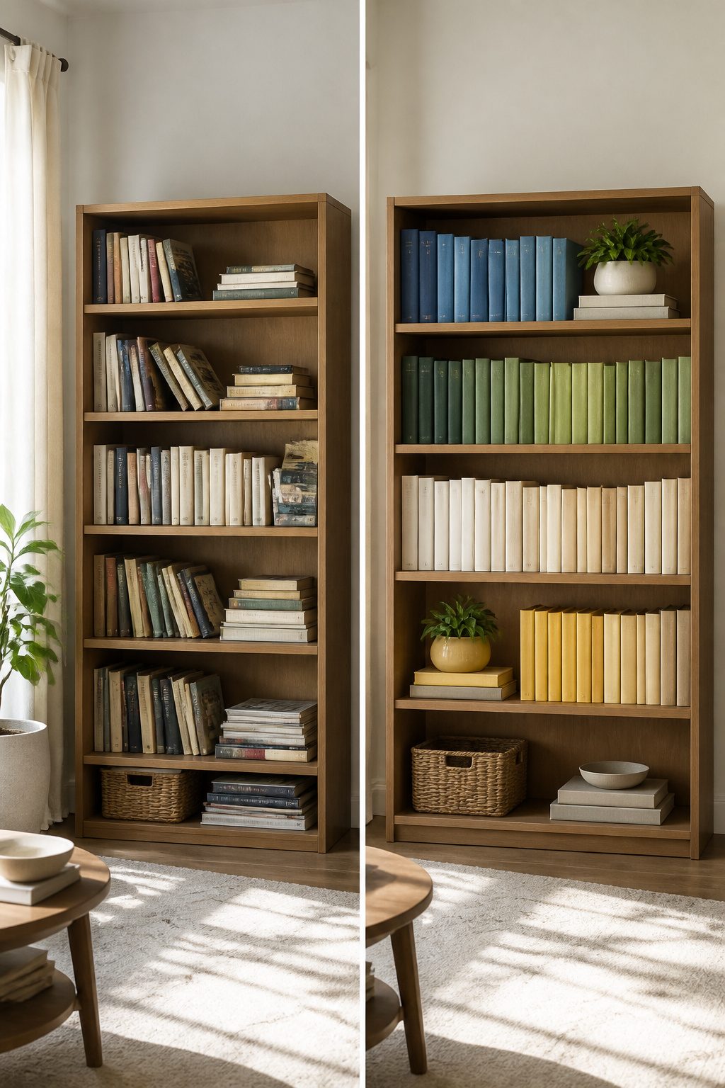 A shelf of books organized by color in a gradient.