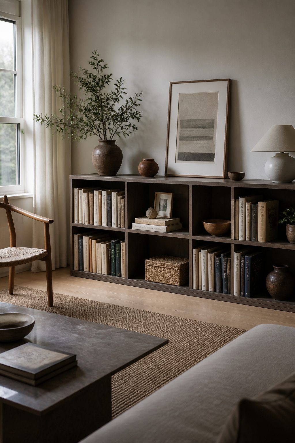 Books and decorative objects arranged together on a shelf.