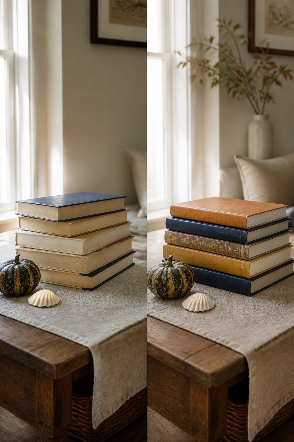 Books arranged seasonally with decorative objects.