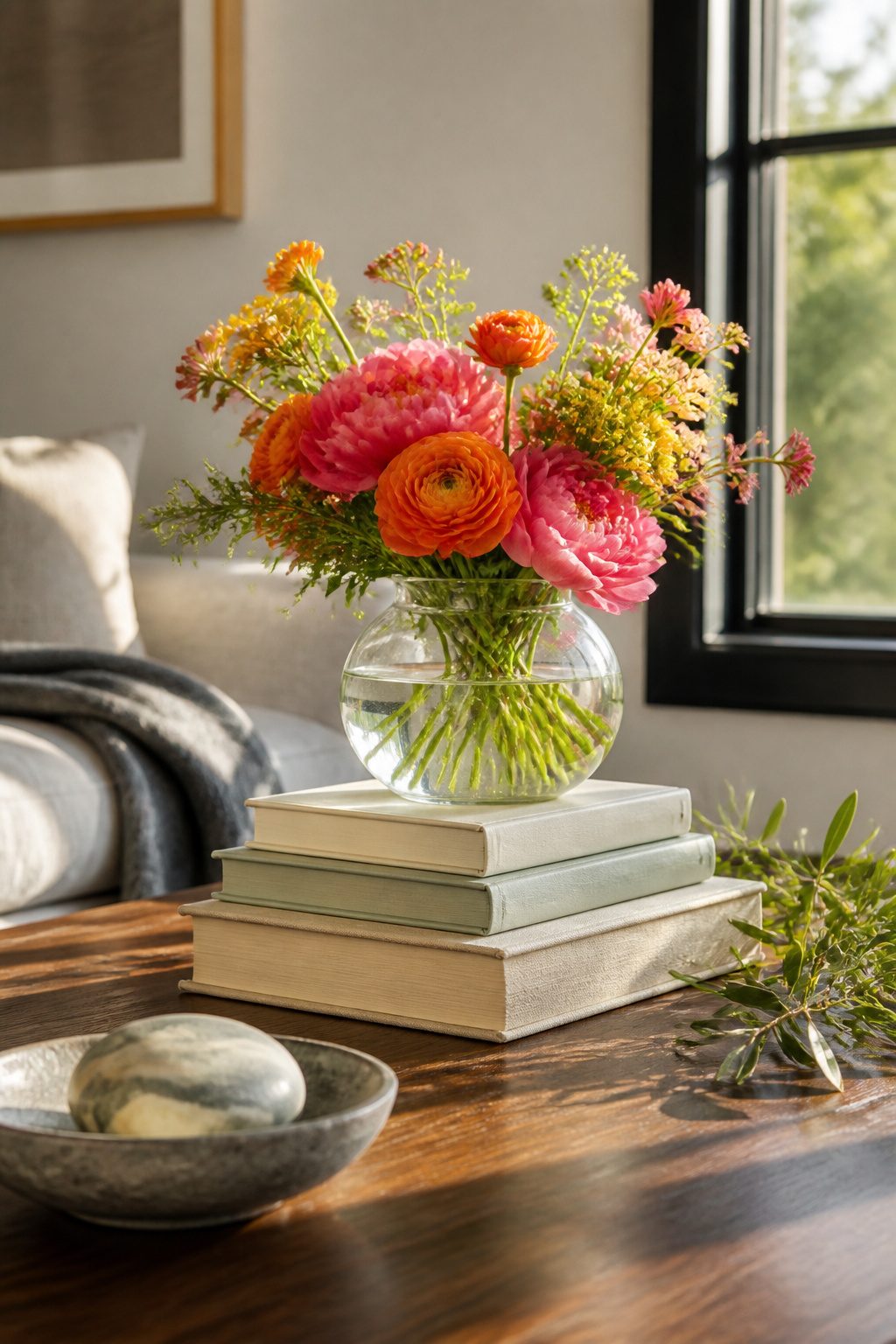 Books stacked by size, supporting a candle and a plant.