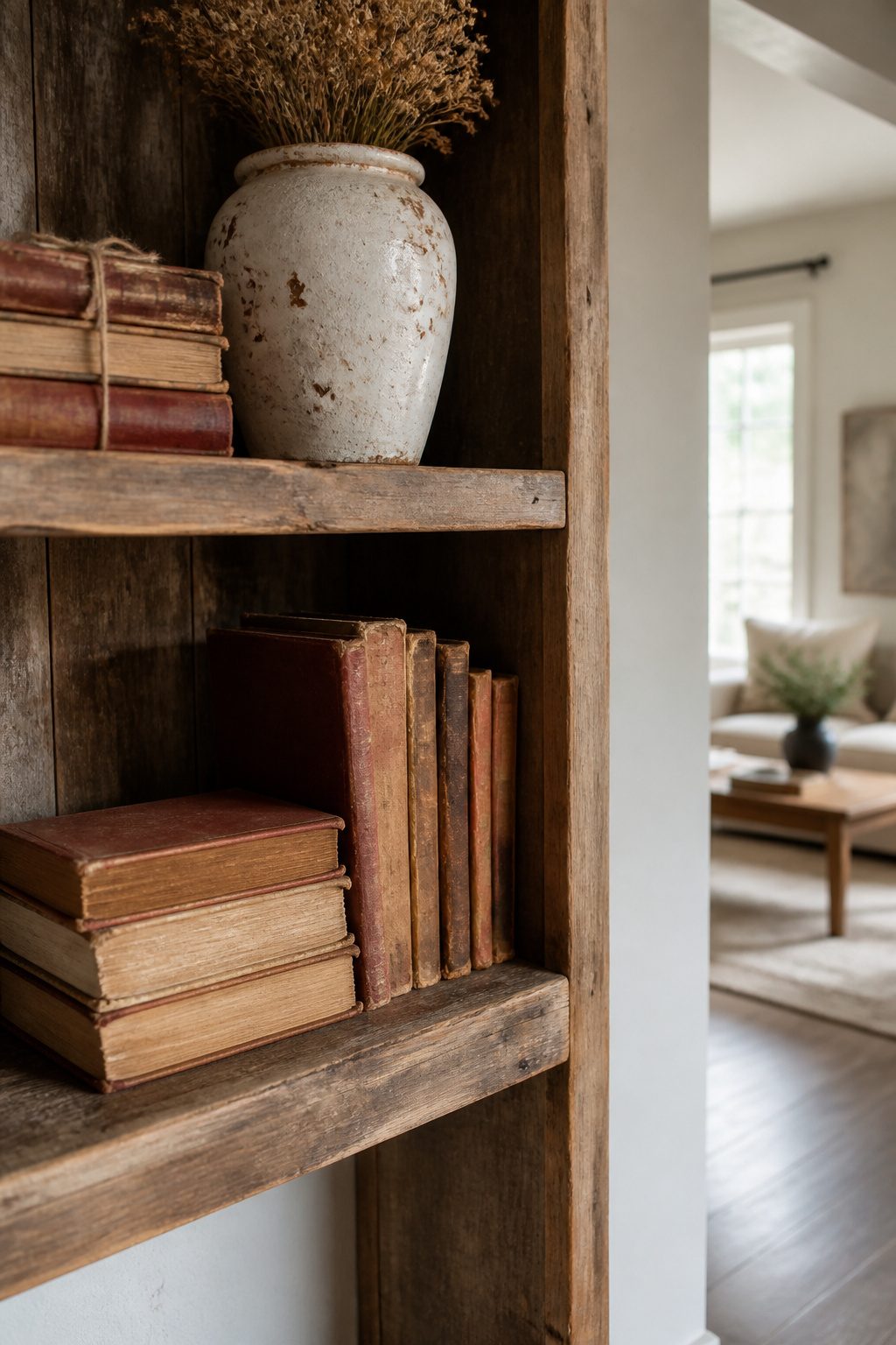 Vintage books with faded spines on a wooden shelf.