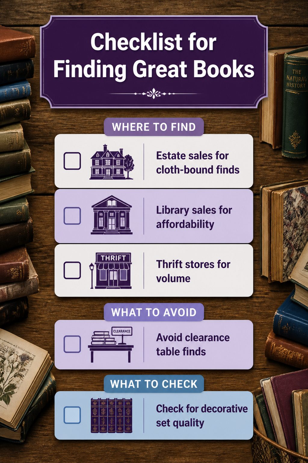 A checklist for finding great books at sales.