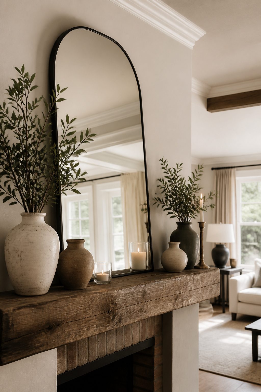 8 Mirror Mantel Decor Ideas for Fireplaces in 2026 2 A mantel decorated with an arched mirror.