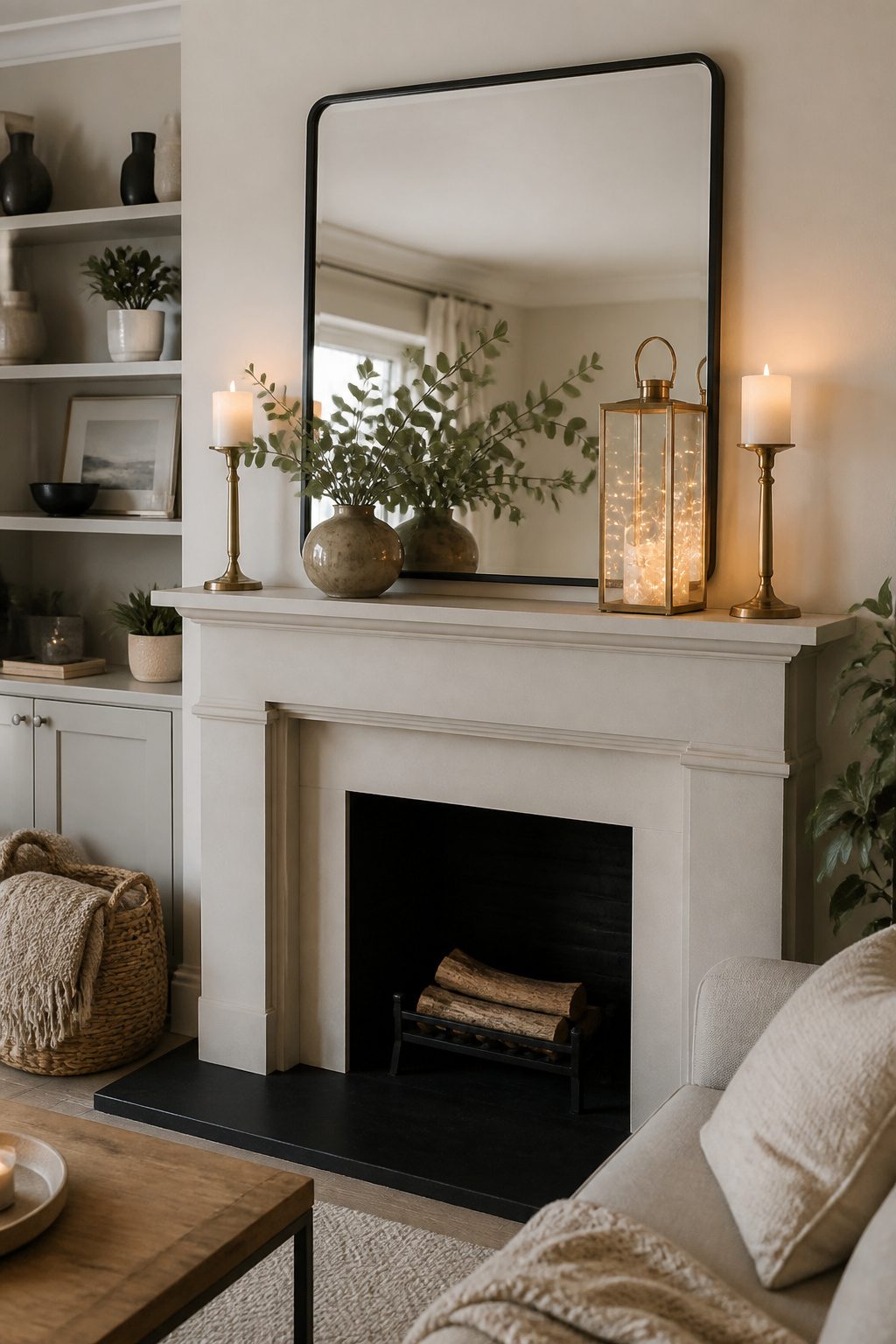 8 Mirror Mantel Decor Ideas for Fireplaces in 2026 10 A display of decorative items around a large mirror.