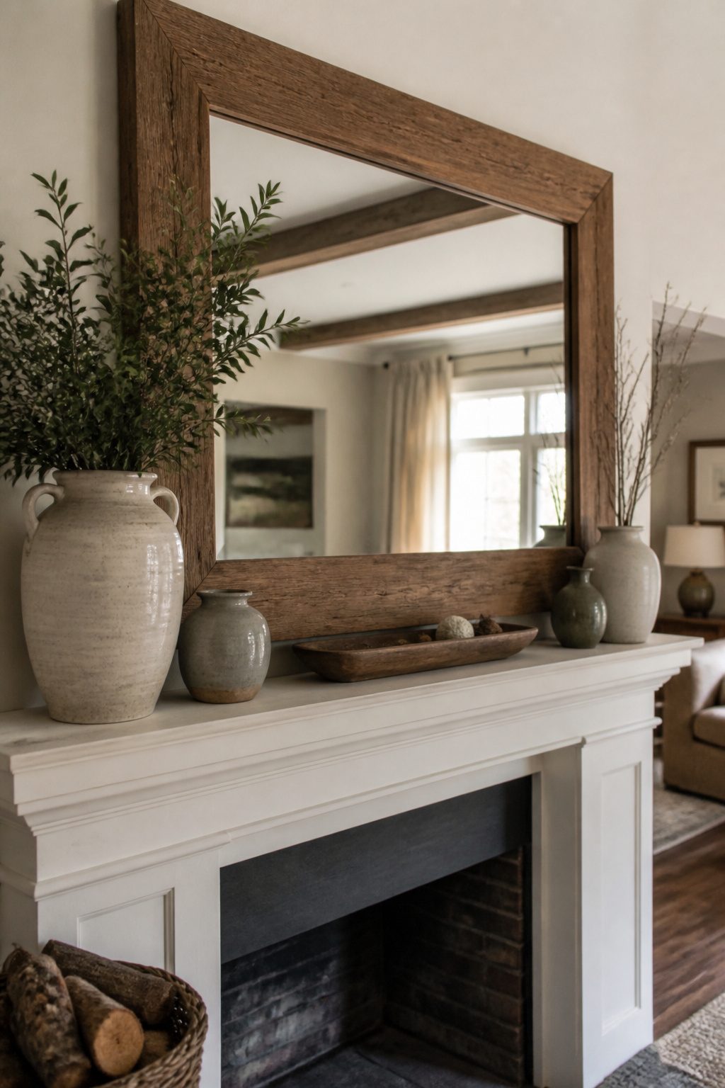 8 Mirror Mantel Decor Ideas for Fireplaces in 2026 7 A large oak-framed mirror above a decorative mantel.