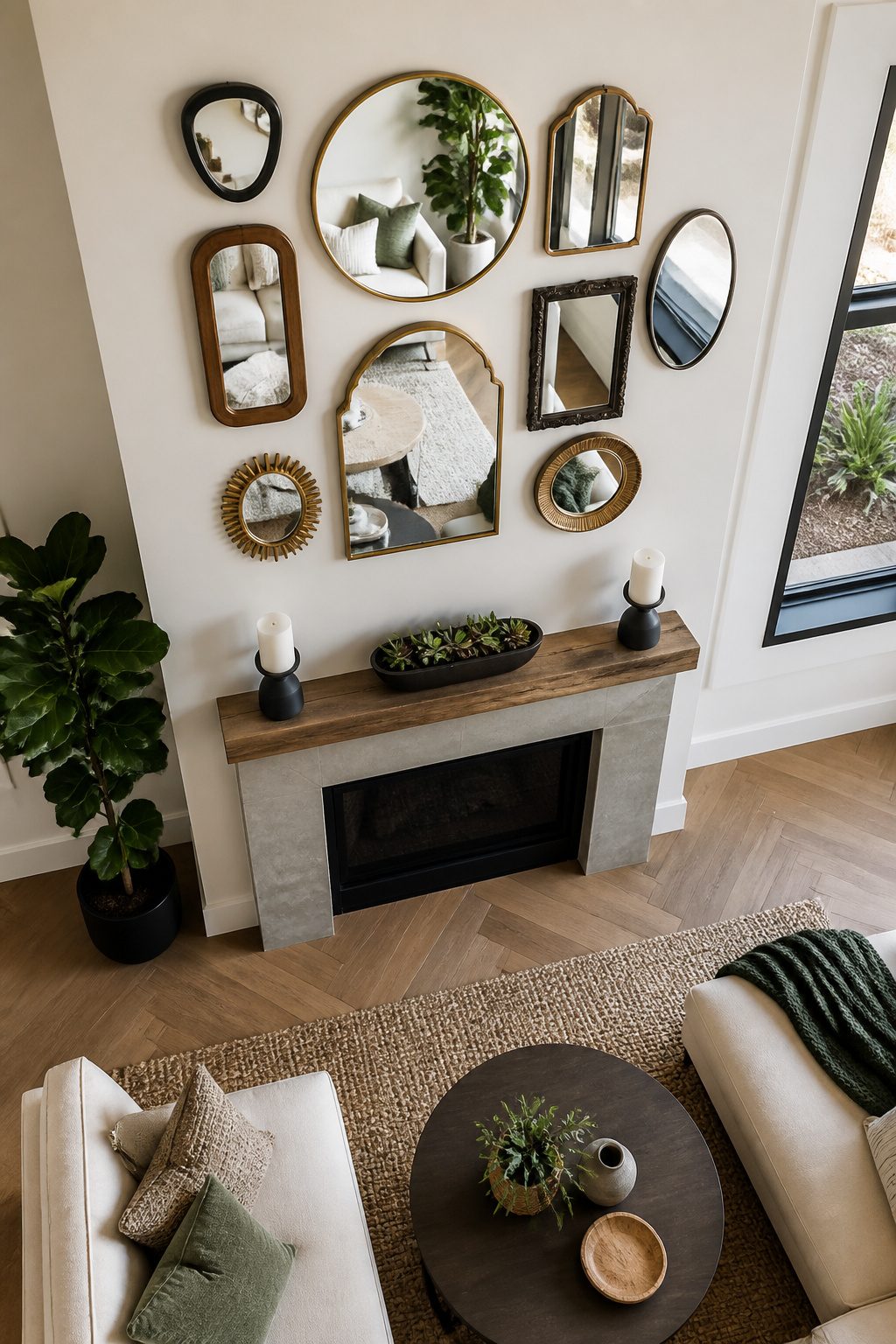 8 Mirror Mantel Decor Ideas for Fireplaces in 2026 6 Several smaller mirrors grouped above a fireplace mantel.