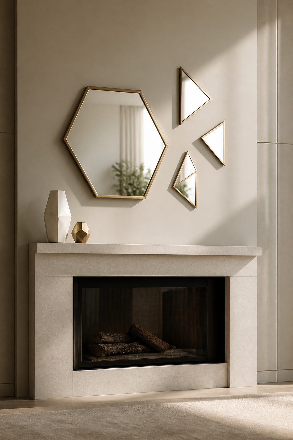 8 Mirror Mantel Decor Ideas for Fireplaces in 2026 8 A hexagonal mirror placed above a fireplace mantel.