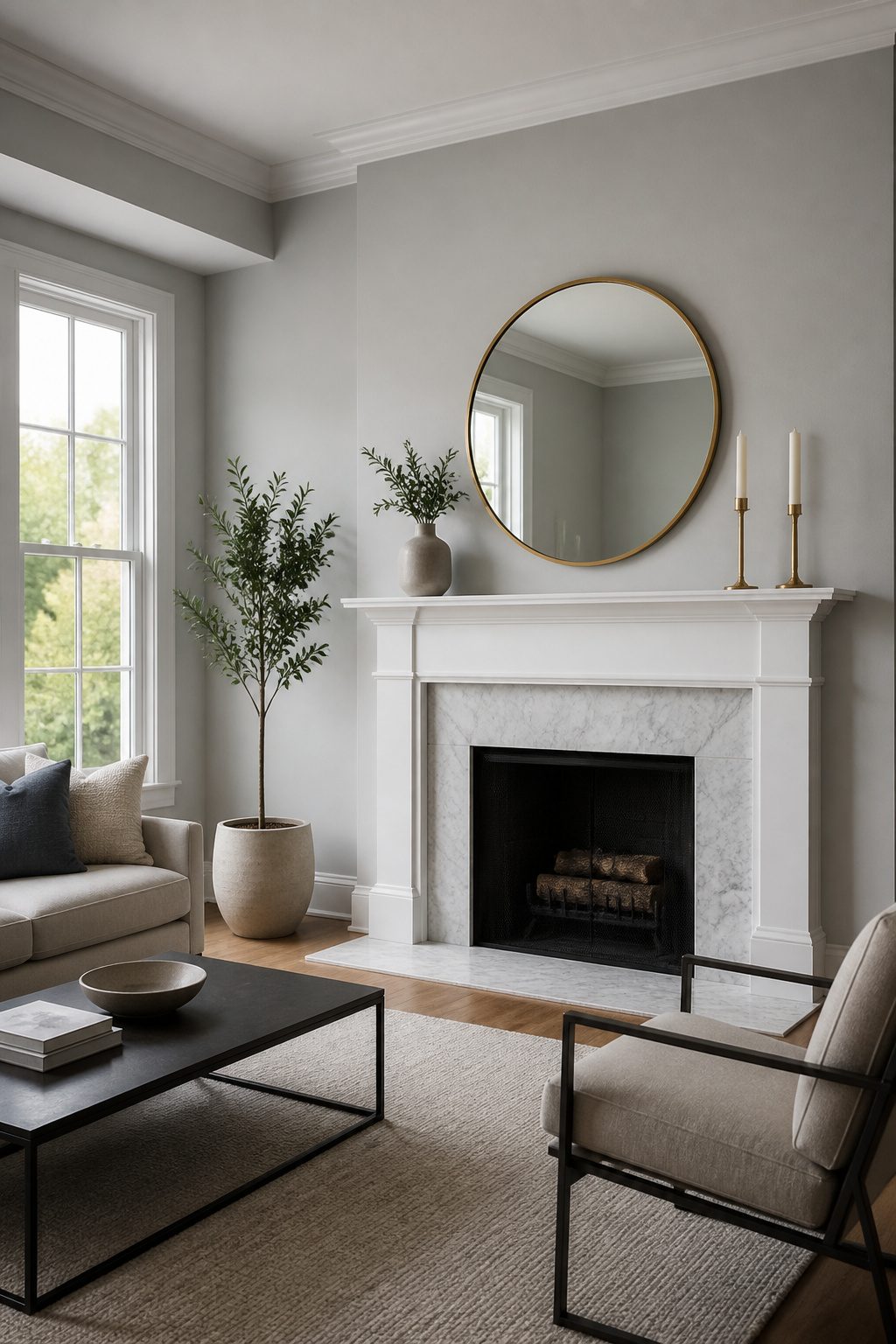 8 Mirror Mantel Decor Ideas for Fireplaces in 2026 3 A round mirror above a mantel with decorative items.