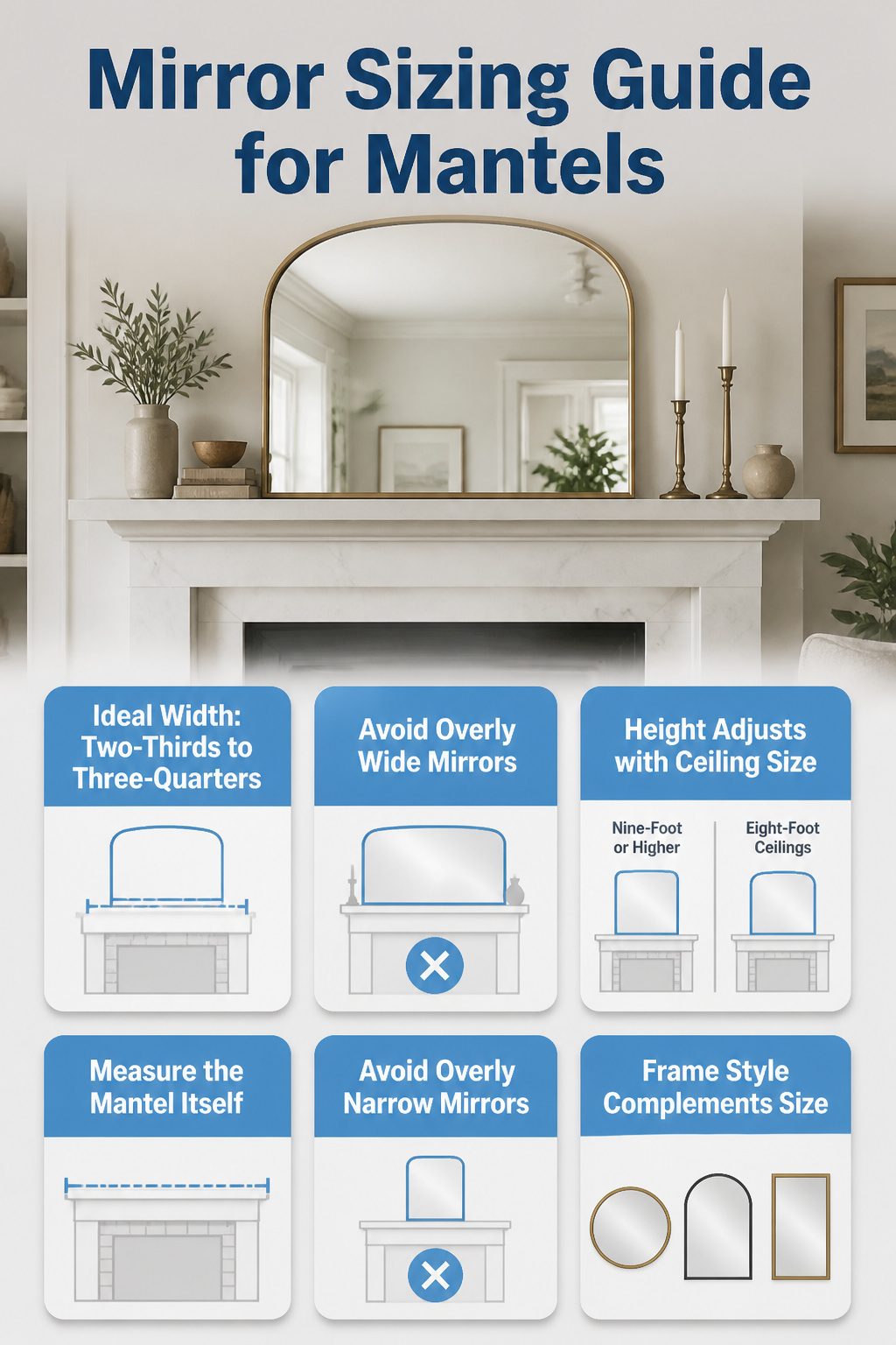 8 Mirror Mantel Decor Ideas for Fireplaces in 2026 9 A visual guide for selecting mirror sizes for mantels.
