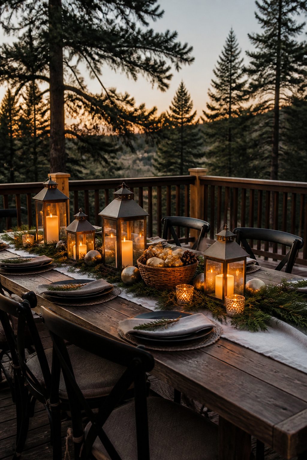 9 Outdoor Christmas Table Decoration Ideas for 2026 8 Battery candles glowing inside lanterns on an outdoor dining table.