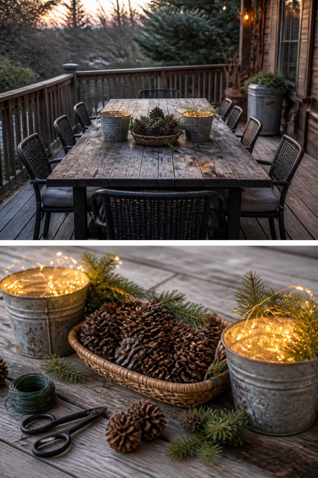 9 Outdoor Christmas Table Decoration Ideas for 2026 5 A painted wooden sign and lanterns with lights on an outdoor table.