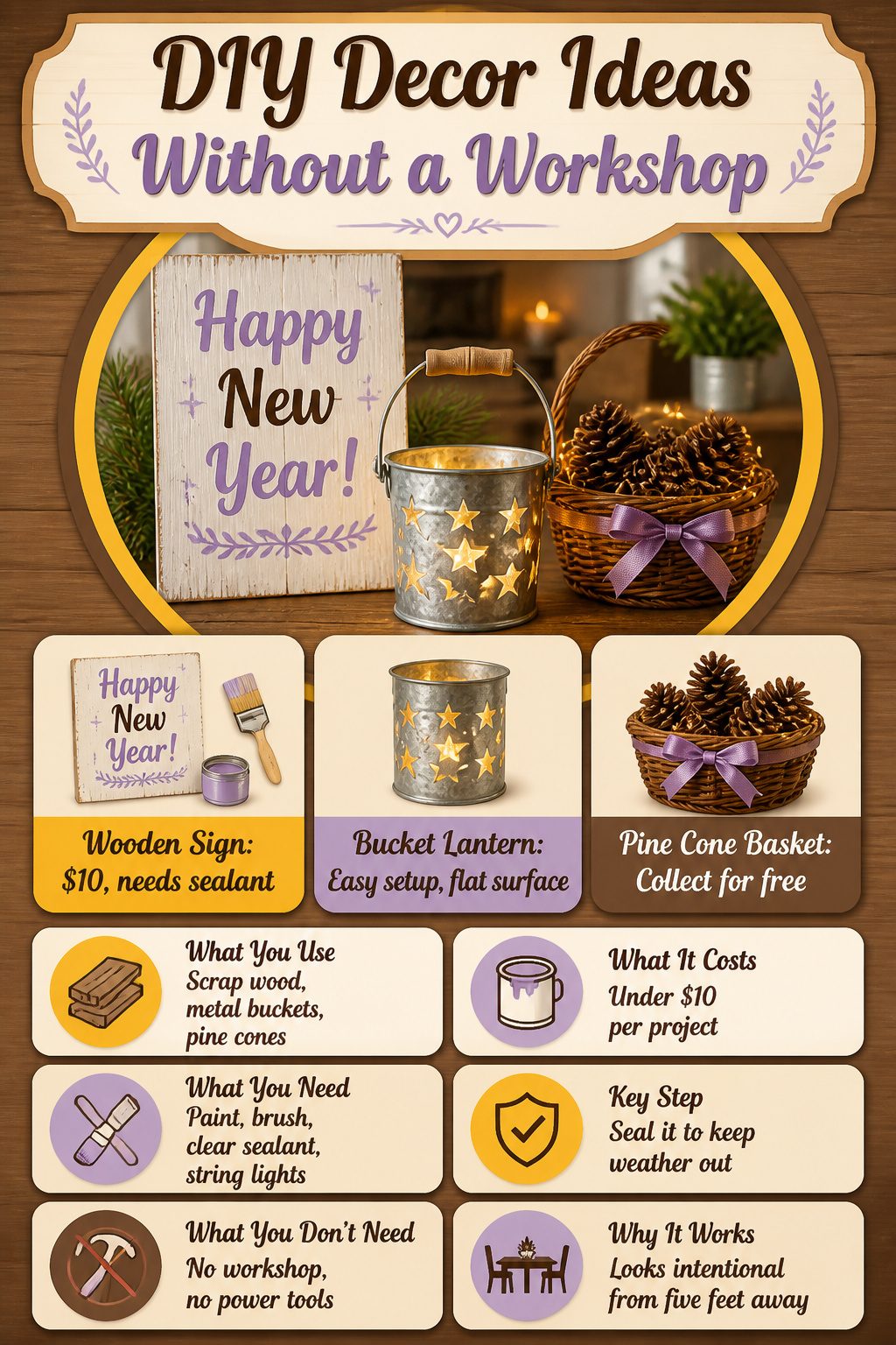 9 Outdoor Christmas Table Decoration Ideas for 2026 13 A painted wooden sign and battery-powered lanterns on an outdoor table.