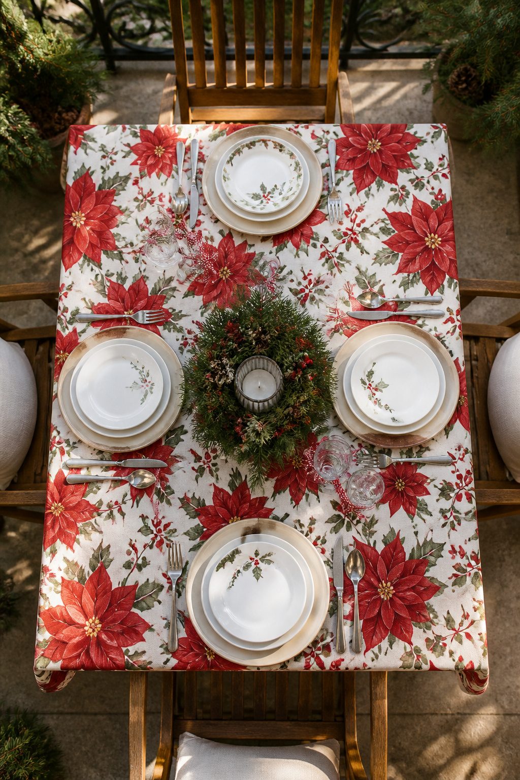 9 Outdoor Christmas Table Decoration Ideas for 2026 2 A red and white poinsettia tablecloth covering an outdoor table.