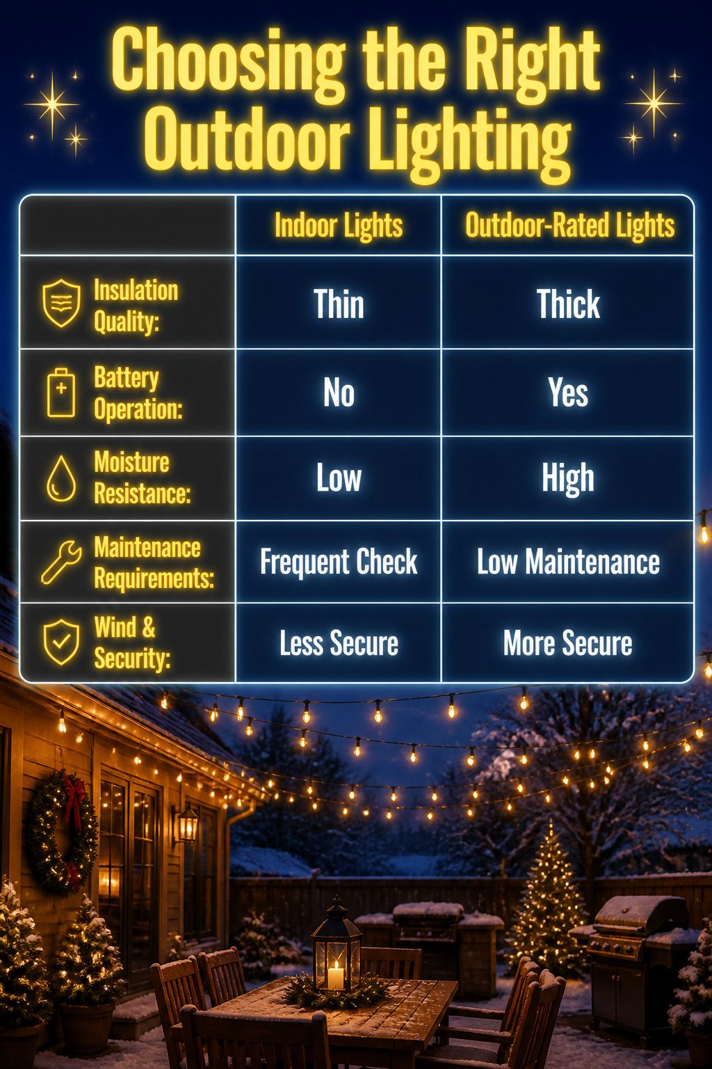 9 Outdoor Christmas Table Decoration Ideas for 2026 12 Outdoor-rated string lights hanging around a dining area.