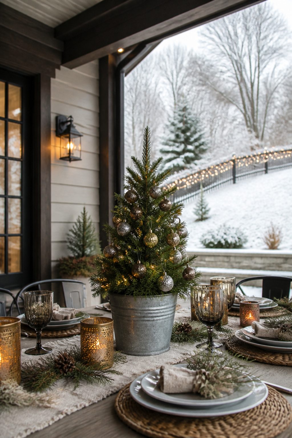 9 Outdoor Christmas Table Decoration Ideas for 2026 7 A small Christmas tree placed on an outdoor table decorated for the holiday.